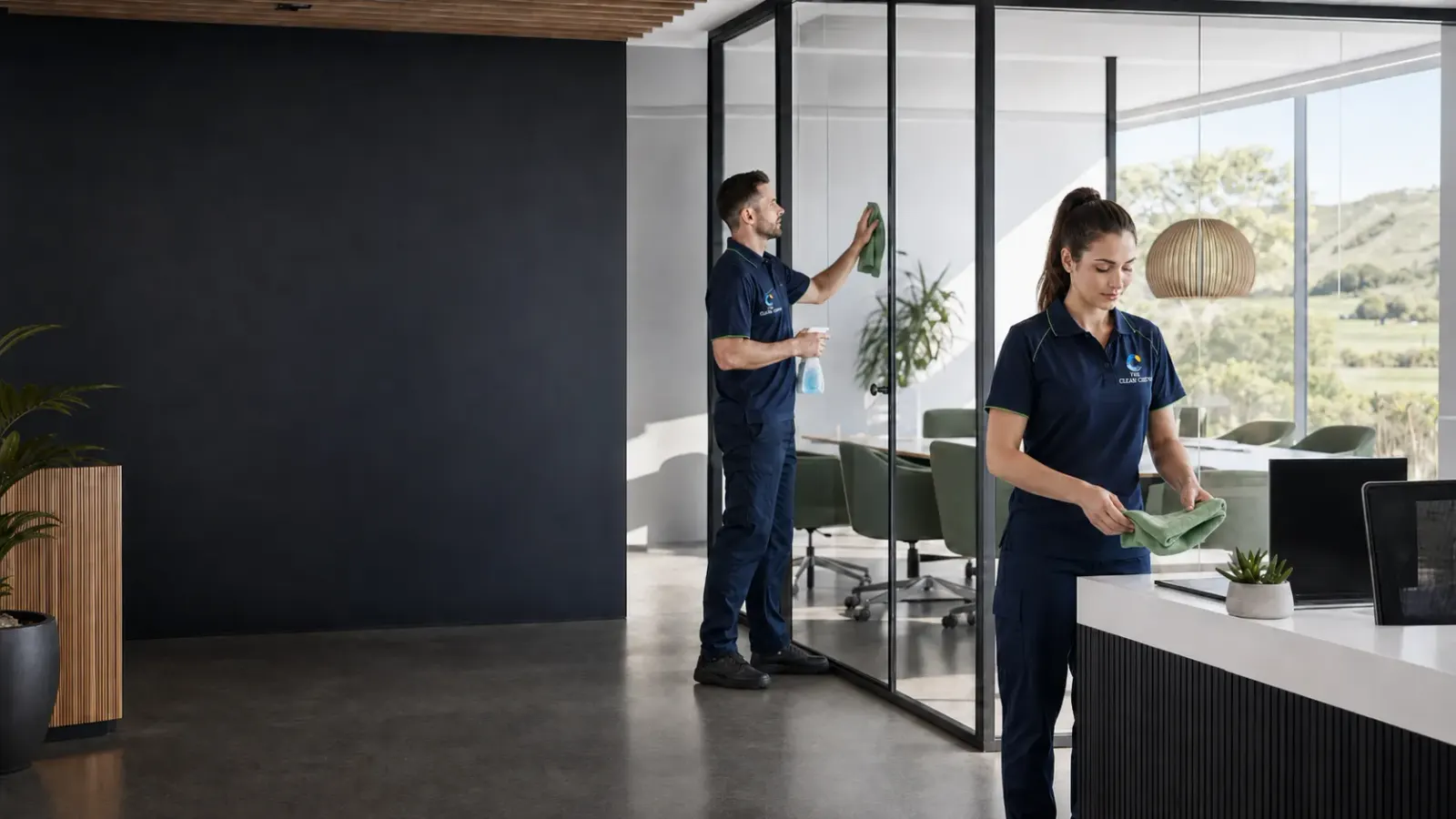 Two professional cleaners preparing a modern Hawke's Bay workplace